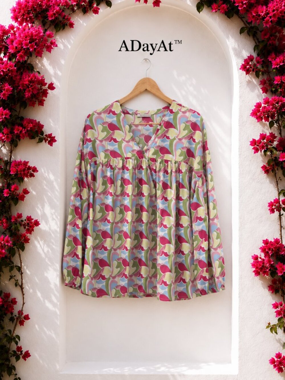Boho Babydoll Tunic Michelle McDowell Balloon Sleeves Abstract Print Airy M/L